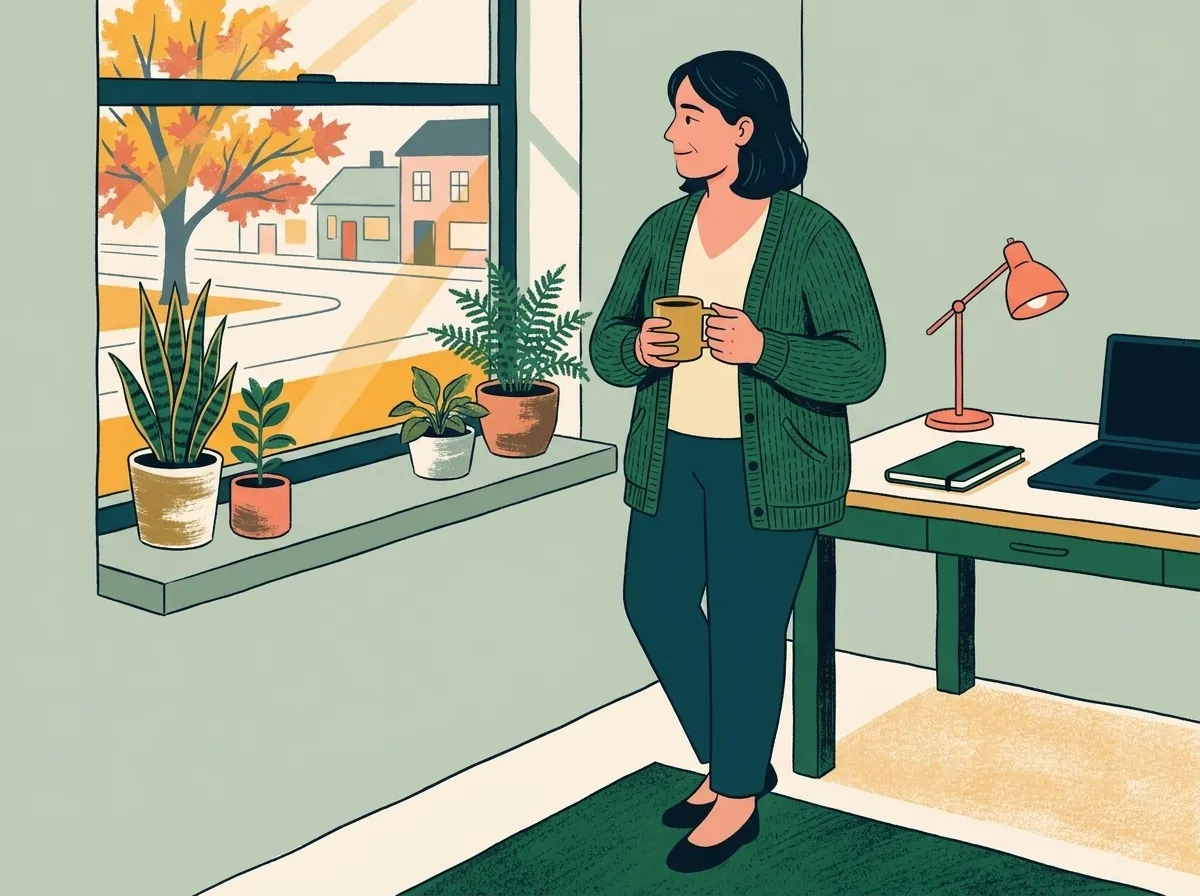 Illustration of a woman standing by a window with a mug in her hands, a desk and a laptop behind her