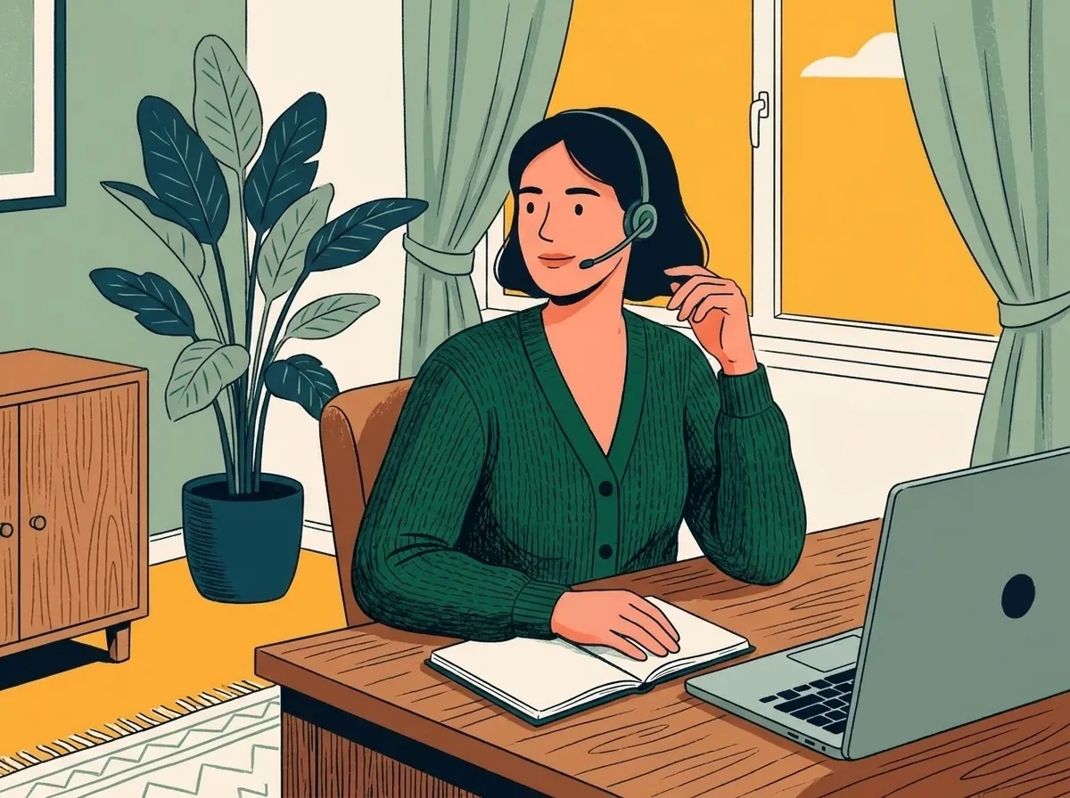 Illustration of a support agent with a headset at her desk, listening during a call
