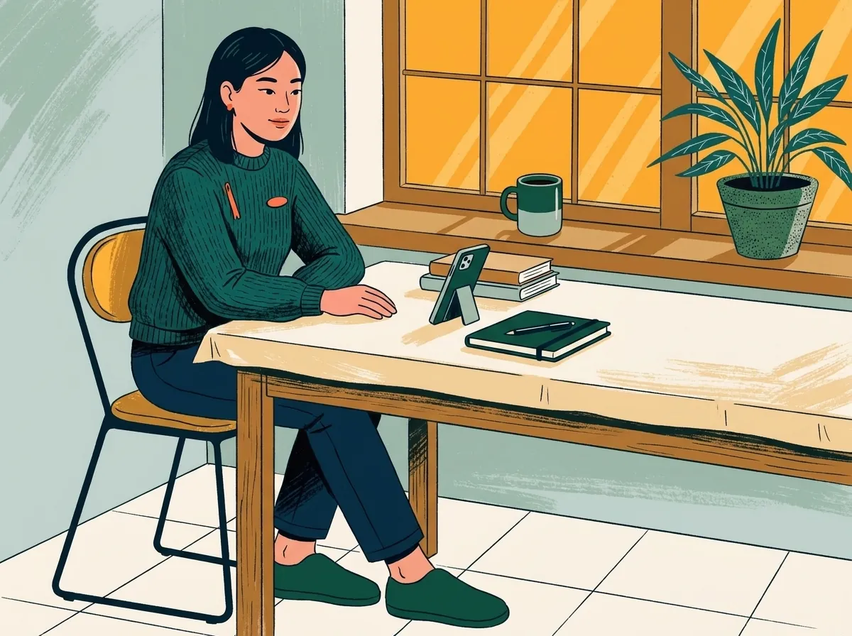 Illustration of a woman seated at a table, her phone propped up beside a notebook