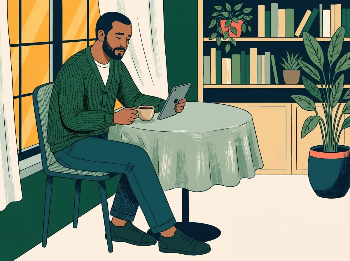 Illustration of a man seated at a small round table, a cup of coffee in his hand, reading on a tablet