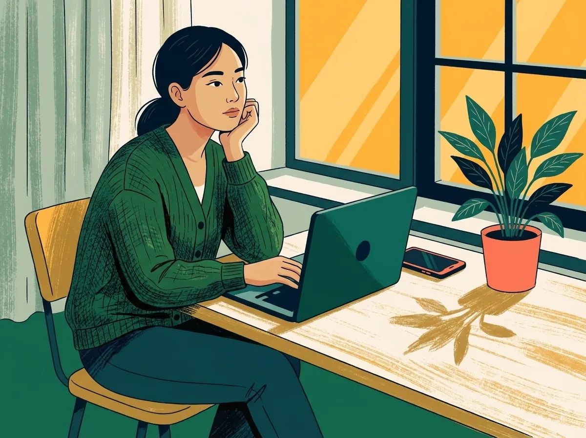 Illustration of a woman at a desk by a window, her chin in her hand, in front of her laptop