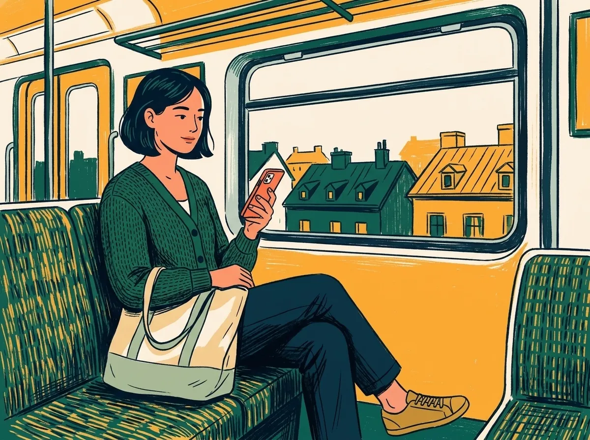 Illustration of a woman on a train, looking at her phone, a tote bag on her lap