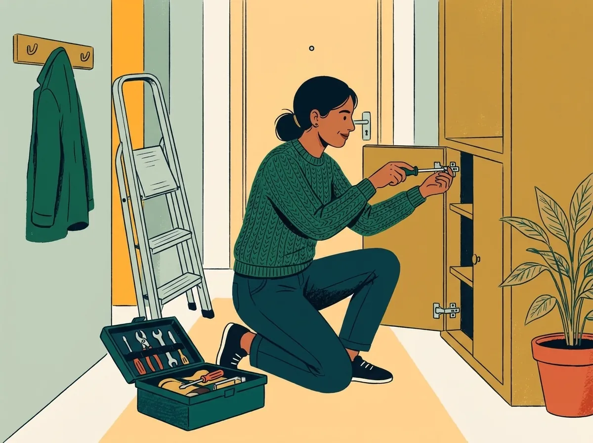 Illustration of a woman kneeling at a cabinet with a screwdriver, a toolbox and a stepladder beside her
