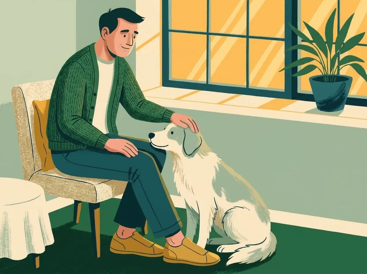Illustration of a man seated in an armchair, his hand resting on a dog’s head