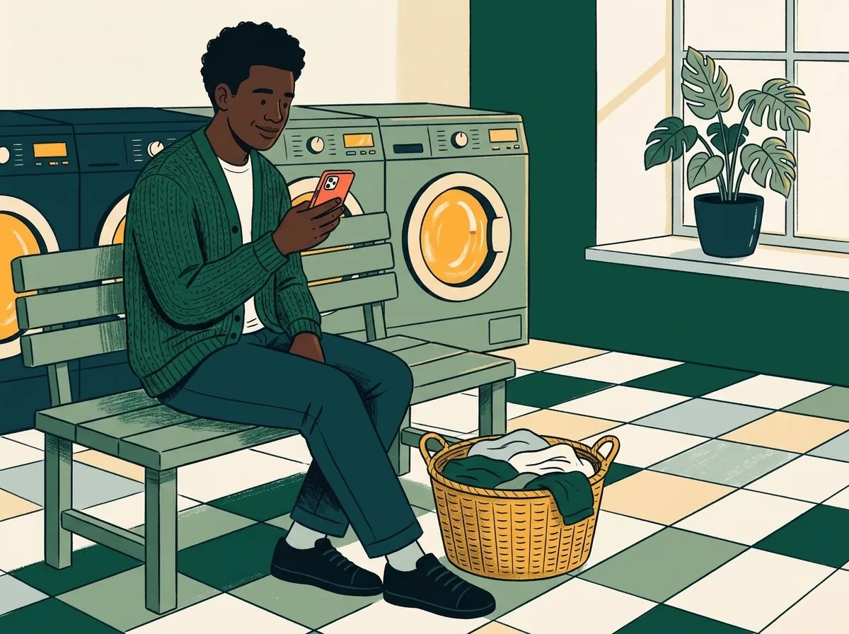 Illustration of a man on a bench in a laundromat, checking his phone, a laundry basket at his feet