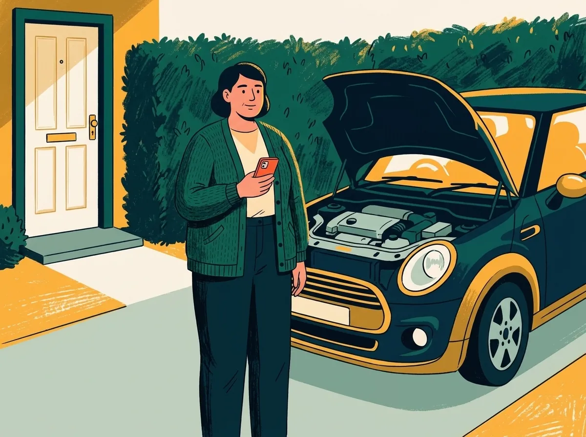 Illustration of a woman holding her phone in a driveway, next to a car with its hood open