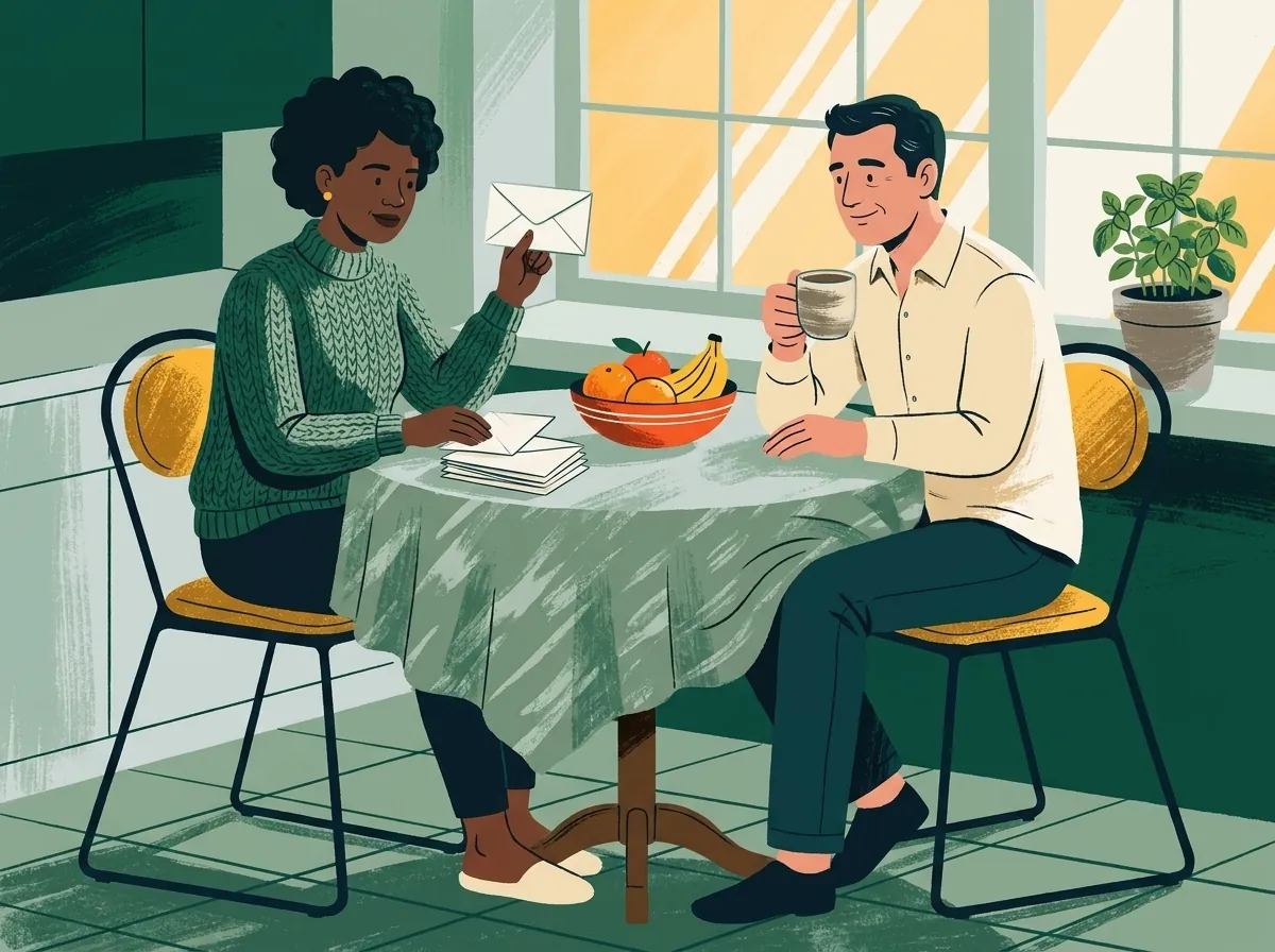 Illustration of a woman and a man at a kitchen table, going through their mail over coffee