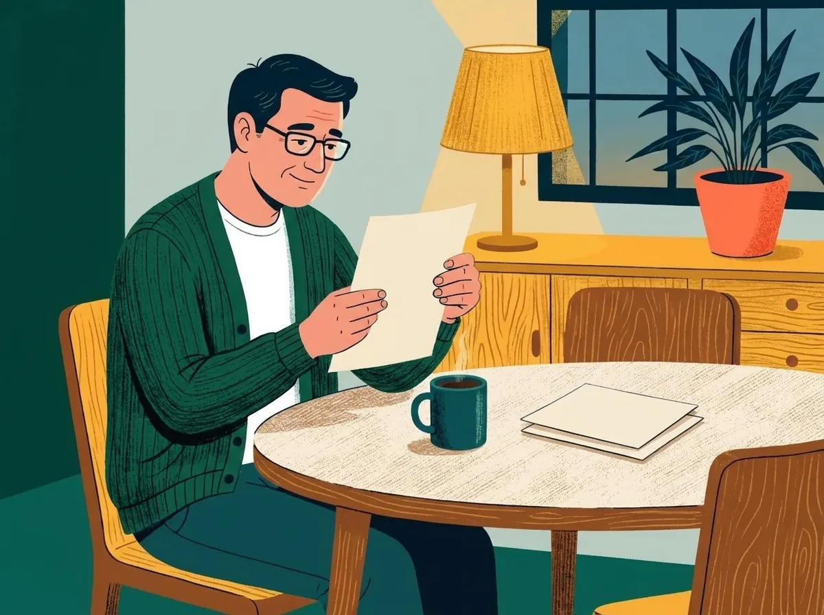 Illustration of a man at a dining table reading a single plain sheet of paper