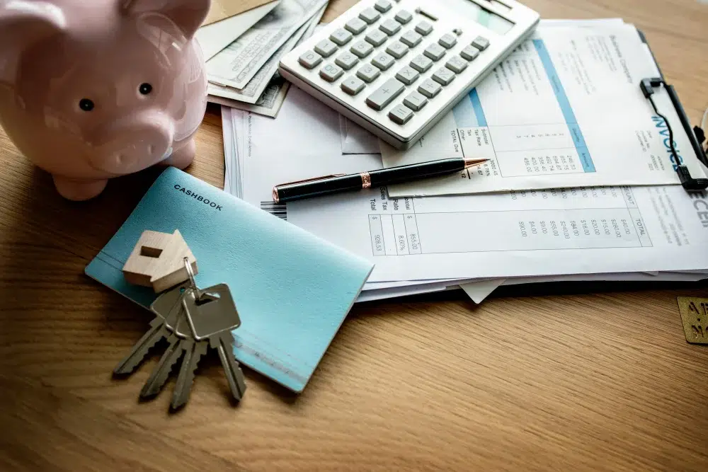 A pink piggy bank, a set of keys, and a calculator arranged on a wooden desk.
