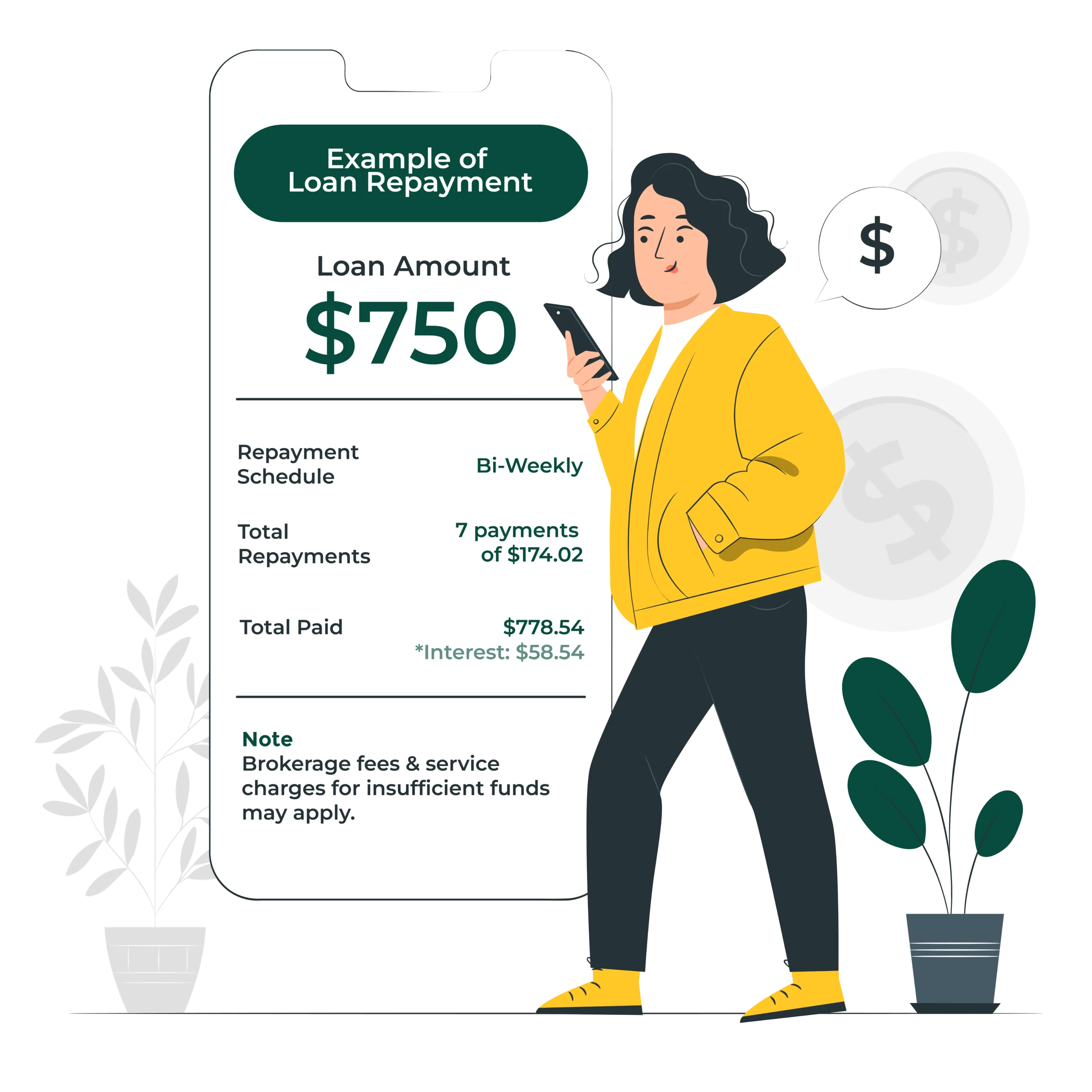 A woman looking at a phone, with a sign in English