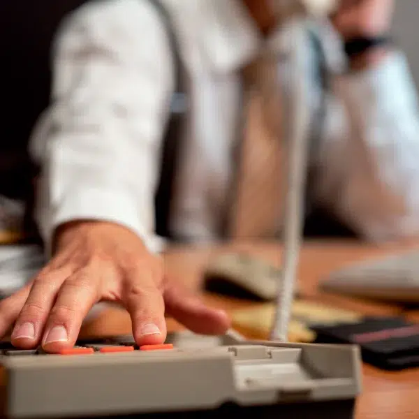 A man in a white shirt stands, looking serious, possibly discussing borrowing money.
